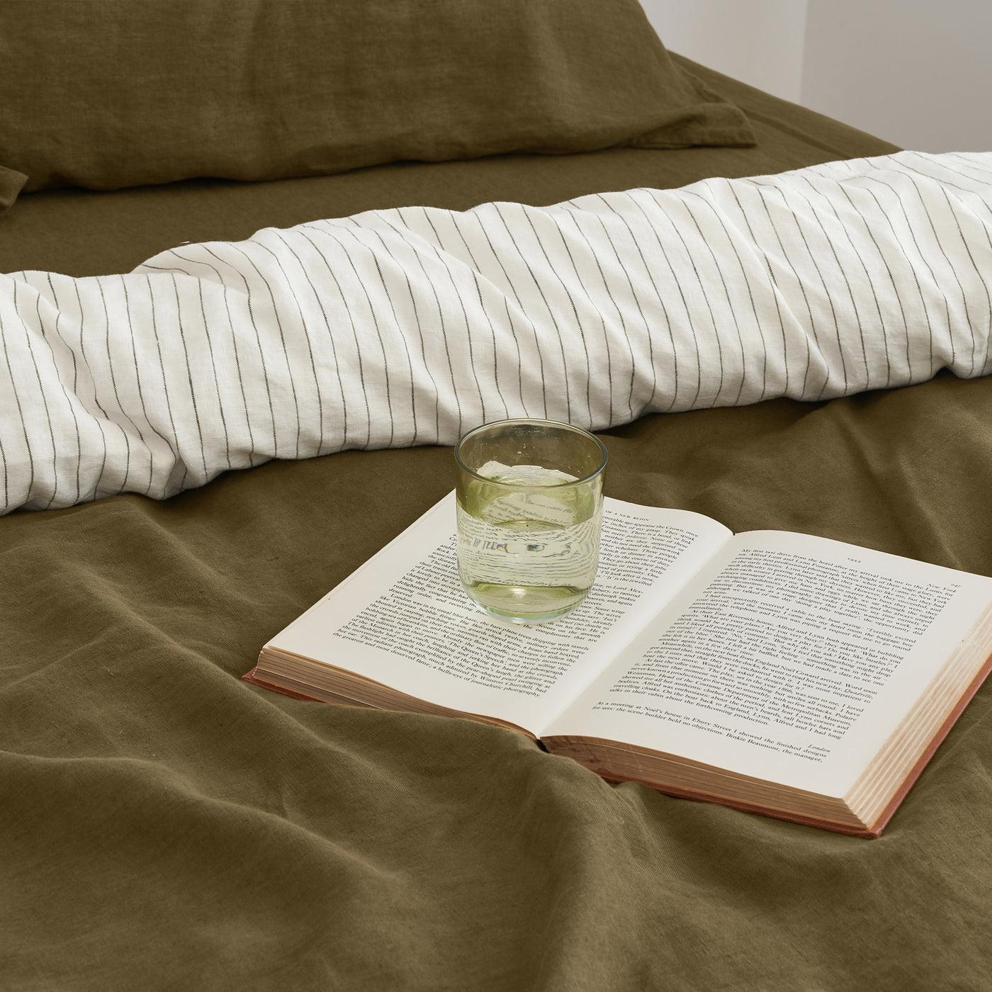 French Flax Linen Double Sided Quilt Cover in Olive/Olive Stripe