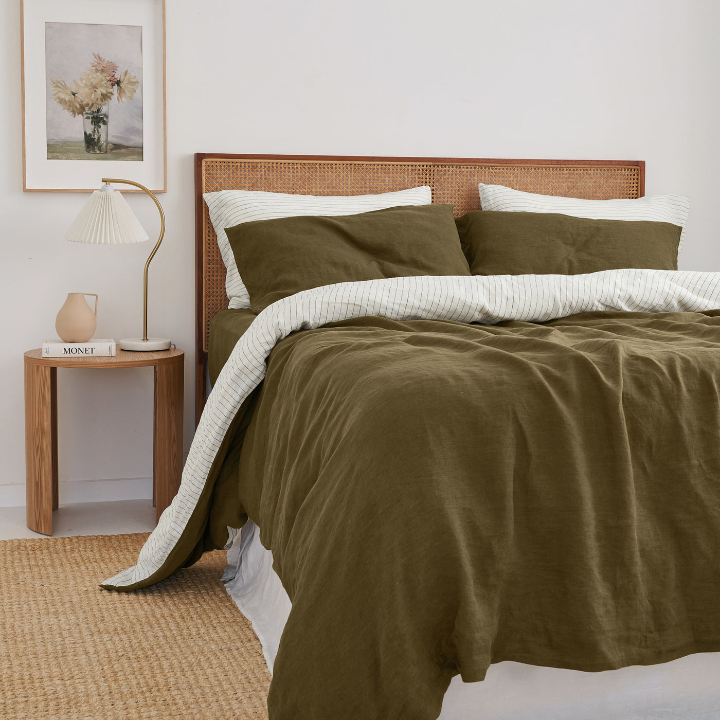 French Flax Linen Double Sided Quilt Cover Set in Olive/Olive Stripe