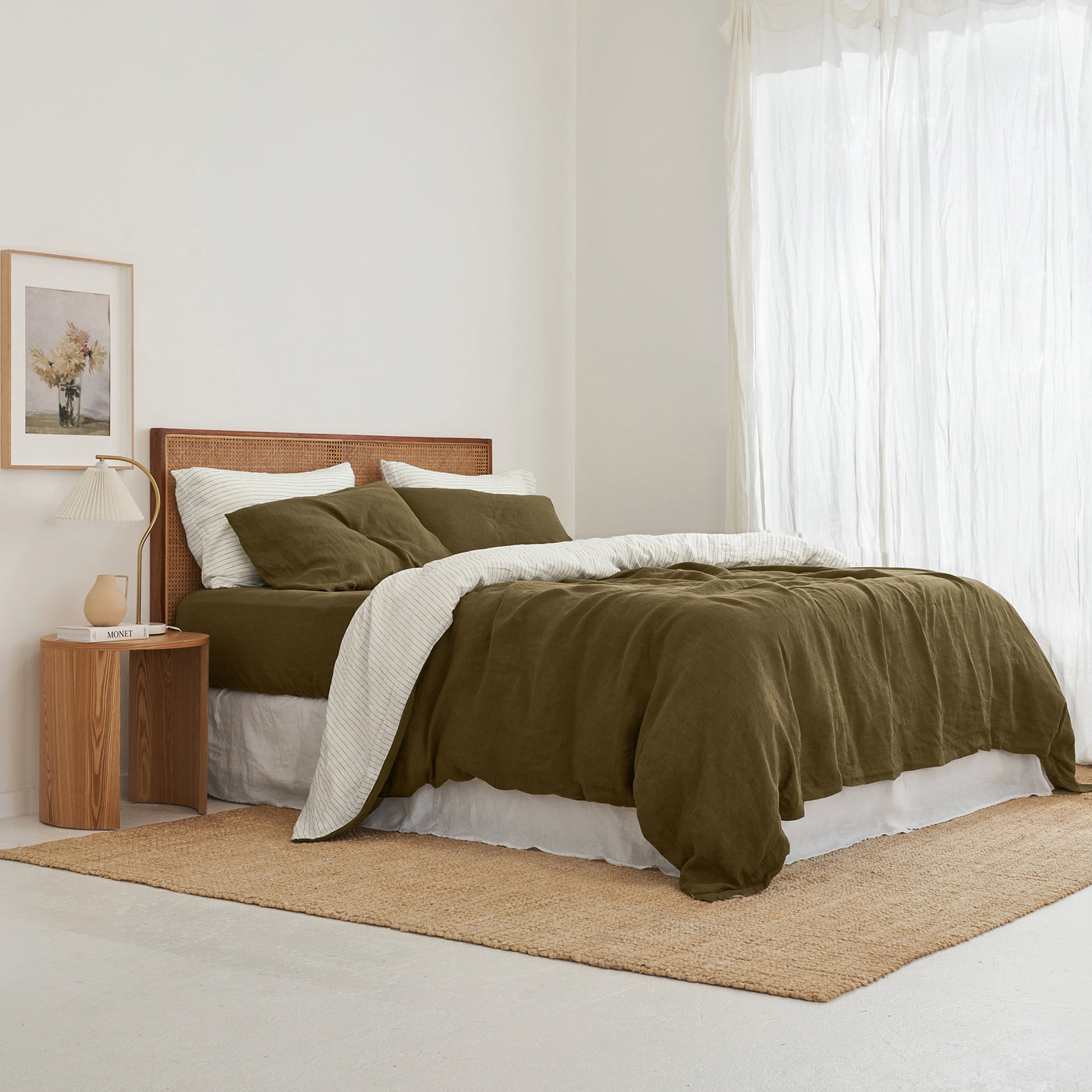 French Flax Linen Double Sided Quilt Cover Set in Olive/Olive Stripe