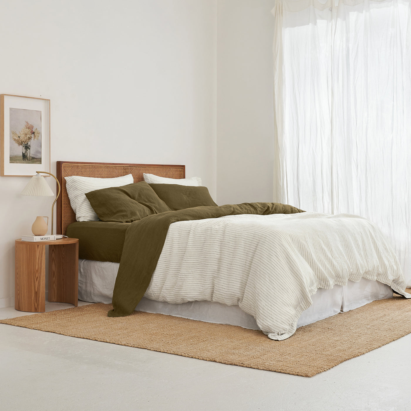French Flax Linen Double Sided Quilt Cover Set in Olive/Olive Stripe