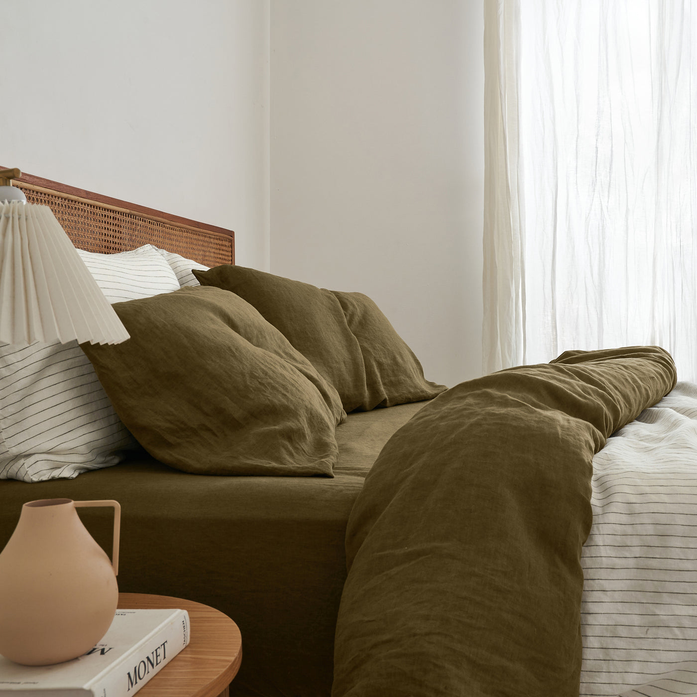 French Flax Linen Fitted Sheet in Olive