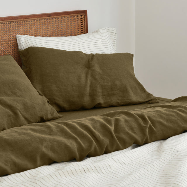 French Flax Linen Double Sided Quilt Cover in Olive/Olive Stripe