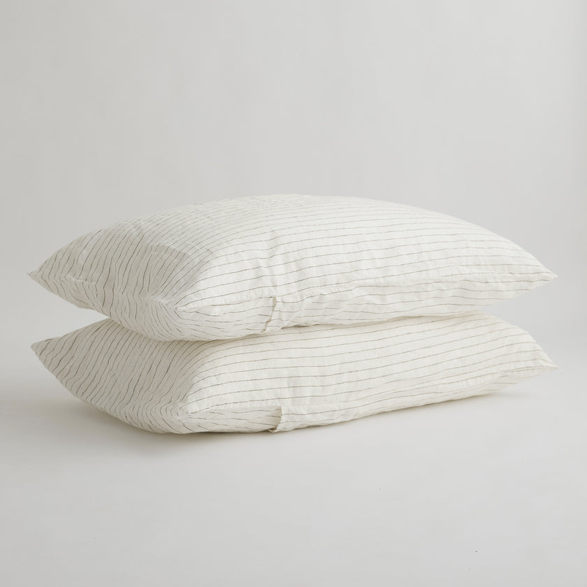 French Flax Linen Pillowcase Set in Olive Stripe
