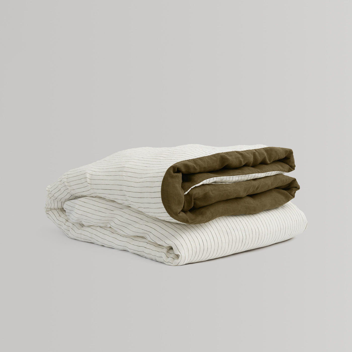 French Flax Linen Double Sided Quilt Cover in Olive/Olive Stripe