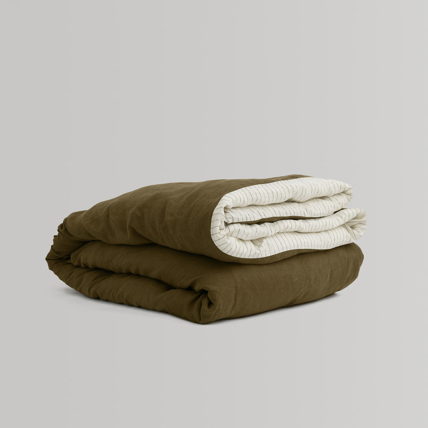French Flax Linen Double Sided Quilt Cover in Olive/Olive Stripe
