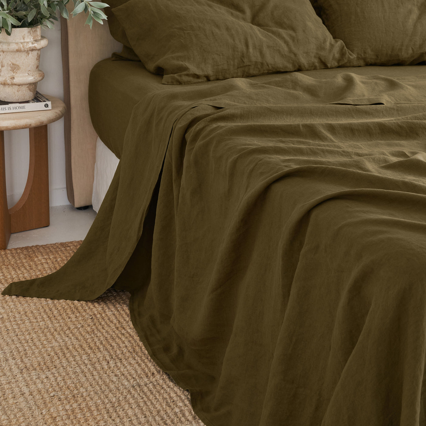 French Flax Linen Flat Sheet in Olive
