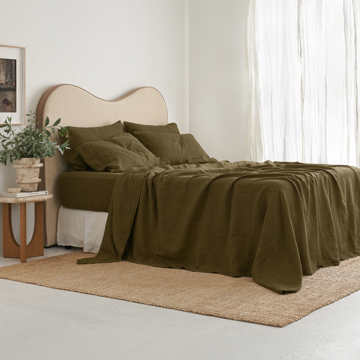 French Flax Linen Fitted Sheet in Olive