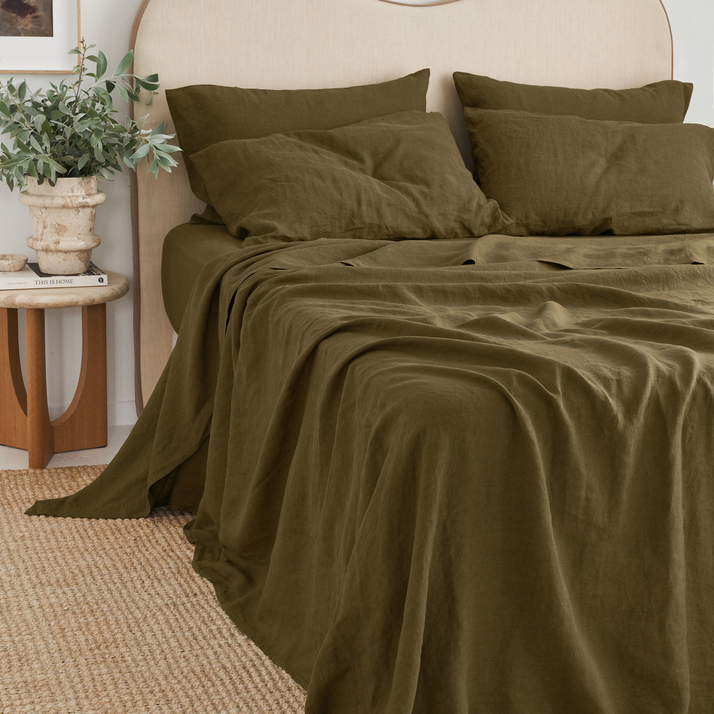 French Flax Linen Flat Sheet in Olive