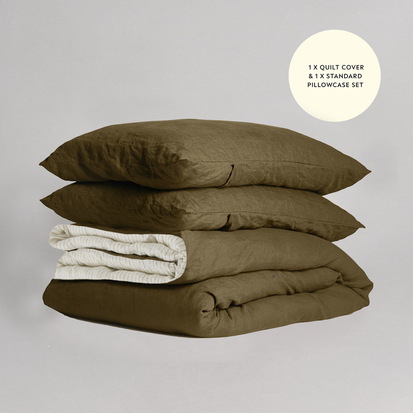 French Flax Linen Double Sided Quilt Cover in Olive/Olive Stripe
