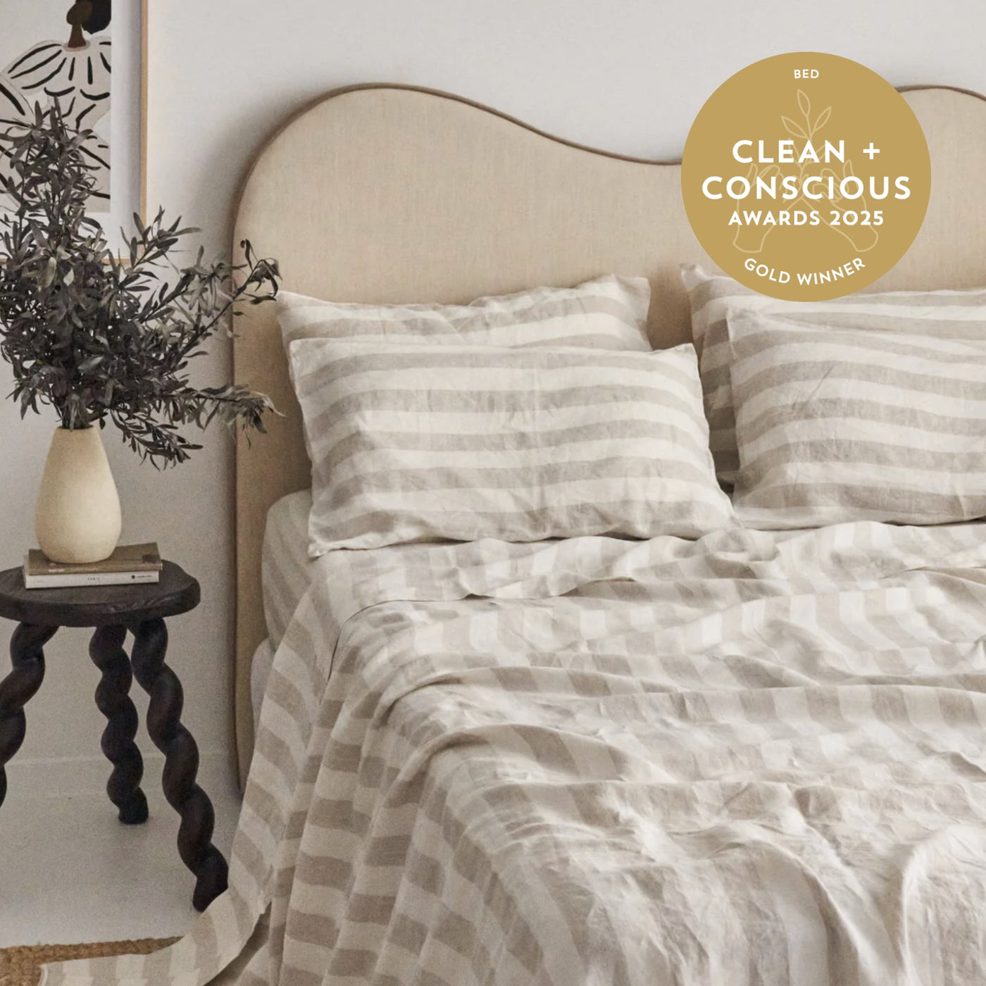 French Flax Linen Fitted Sheet in Natural Thick Stripe