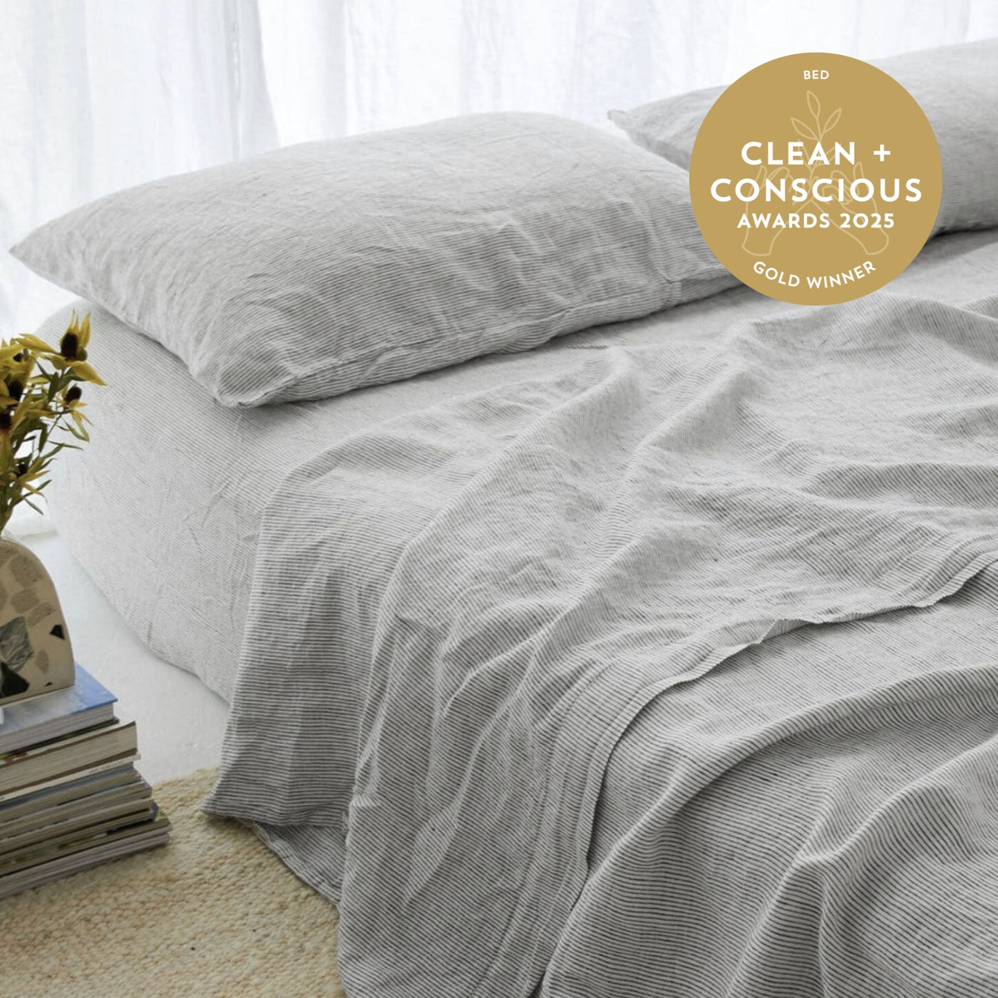 French Flax Linen Fitted Sheet in Pinstripe