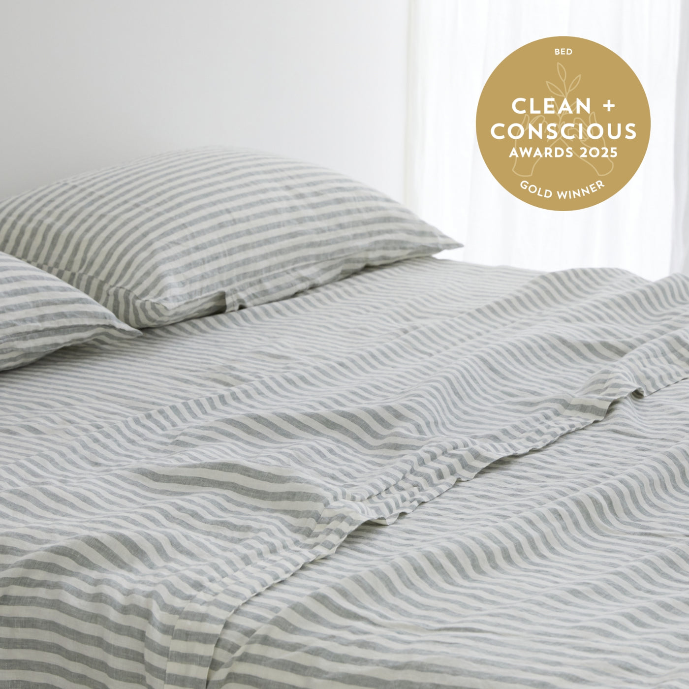 French Flax Linen Fitted Sheet in Sage Stripe