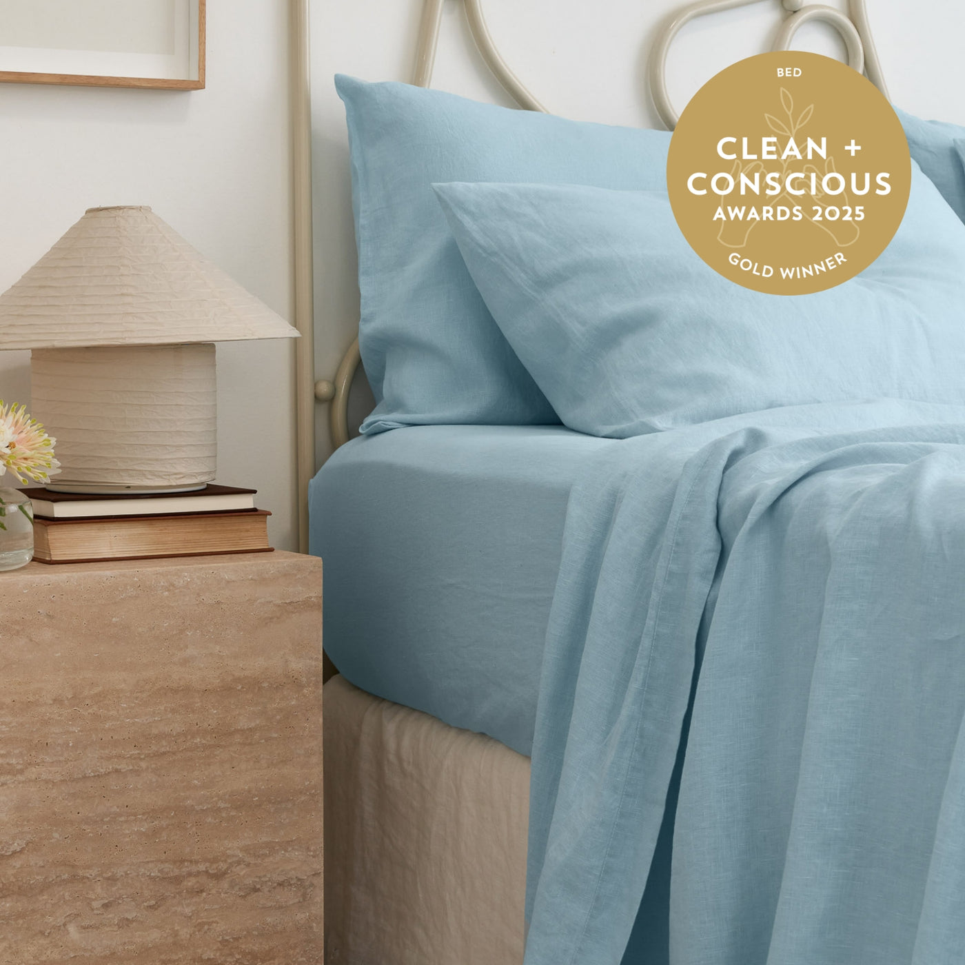 French Flax Linen Fitted Sheet in Sky Blue