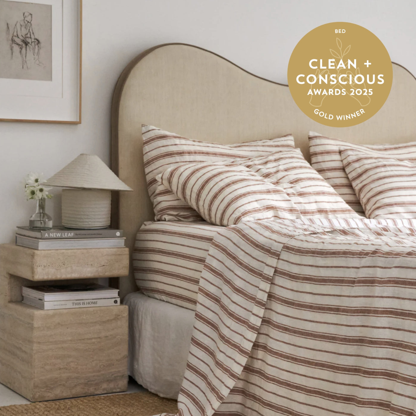 French Flax Linen Fitted Sheet in Hazelnut Stripe