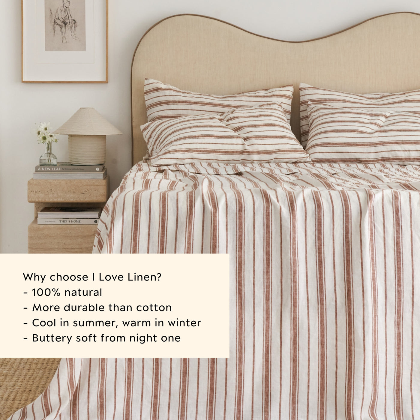 French Flax Linen Flat Sheet in Hazelnut Stripe