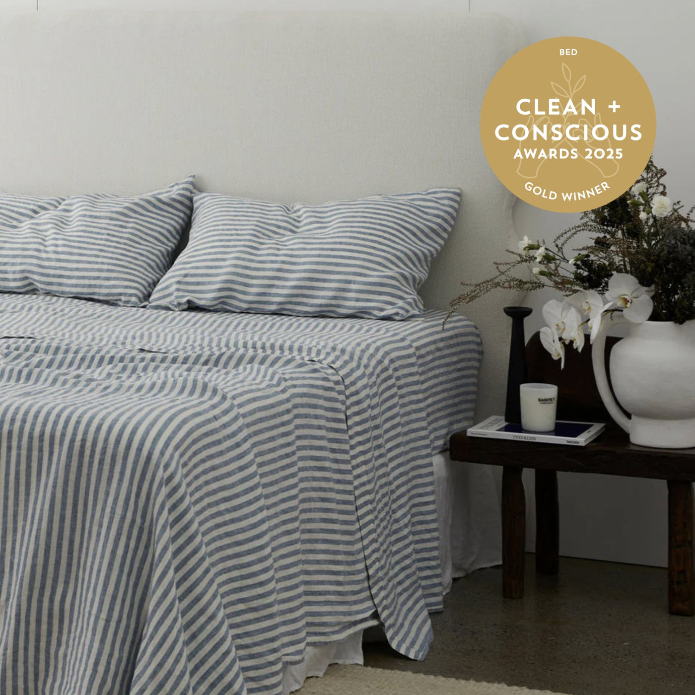 French Flax Linen Sheet Set in Marine Blue Stripe