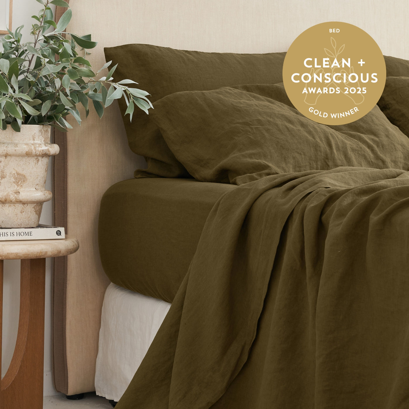 French Flax Linen Flat Sheet in Olive