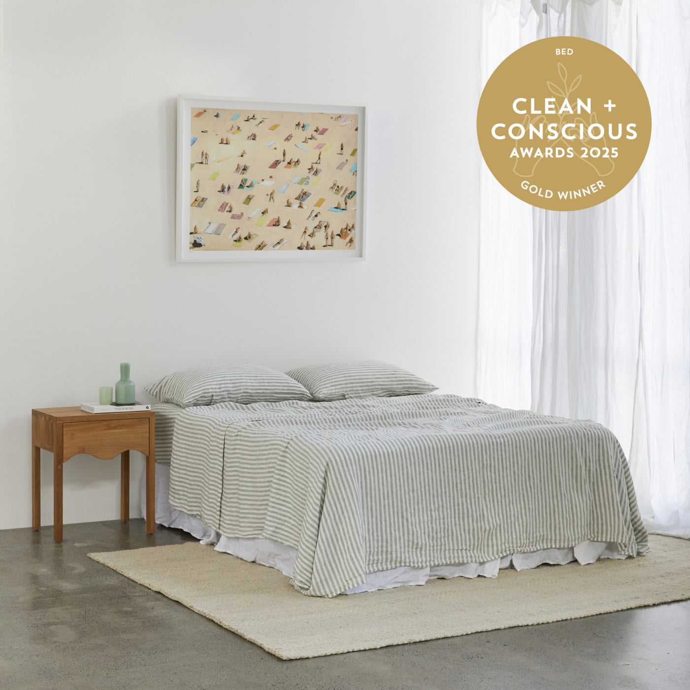 French Flax Linen Flat Sheet in Sage Stripe