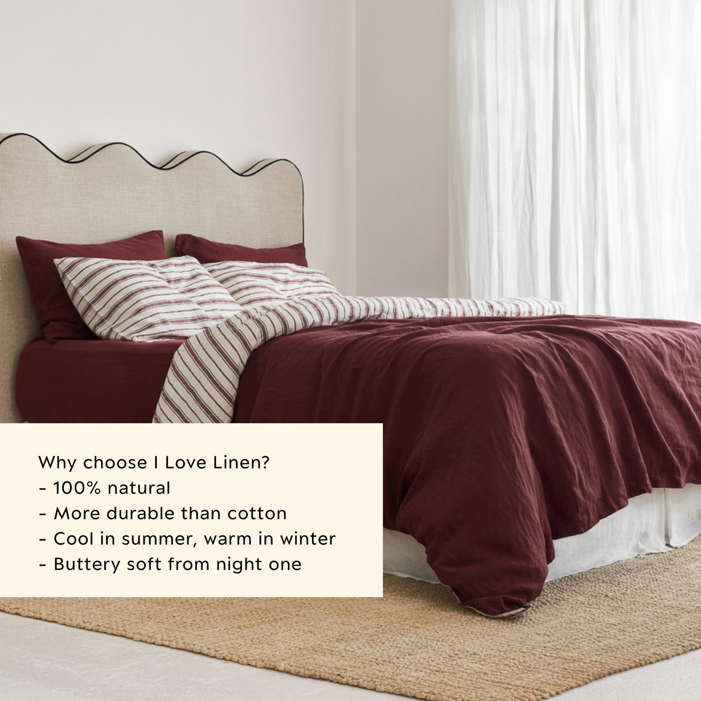 French Flax Linen Double Sided Quilt Cover in Cherrywood/Cherrywood Stripe