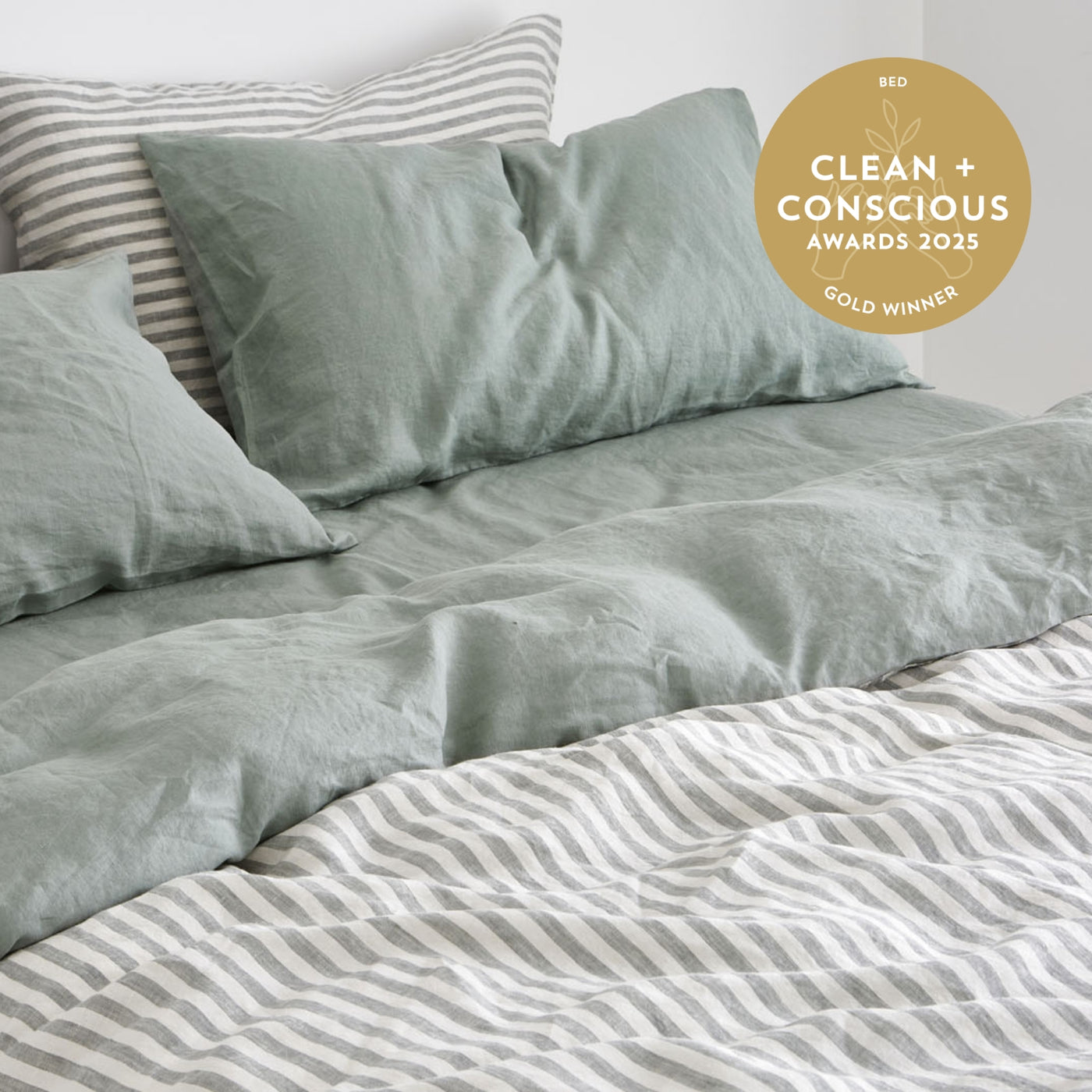 French Flax Linen Double Sided Quilt Cover in Sage/Sage Stripe