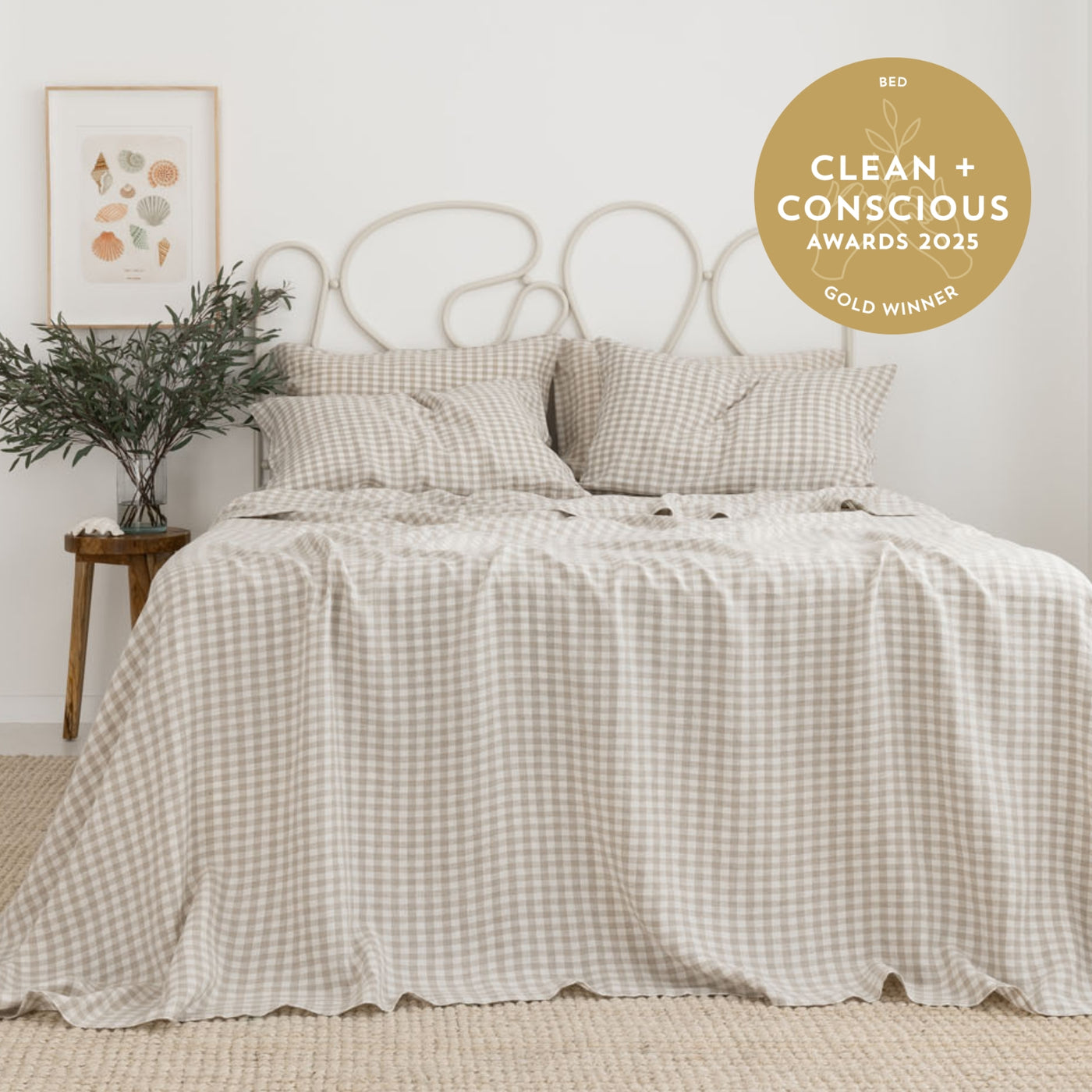 French Flax Linen Sheet Set in Beige Gingham