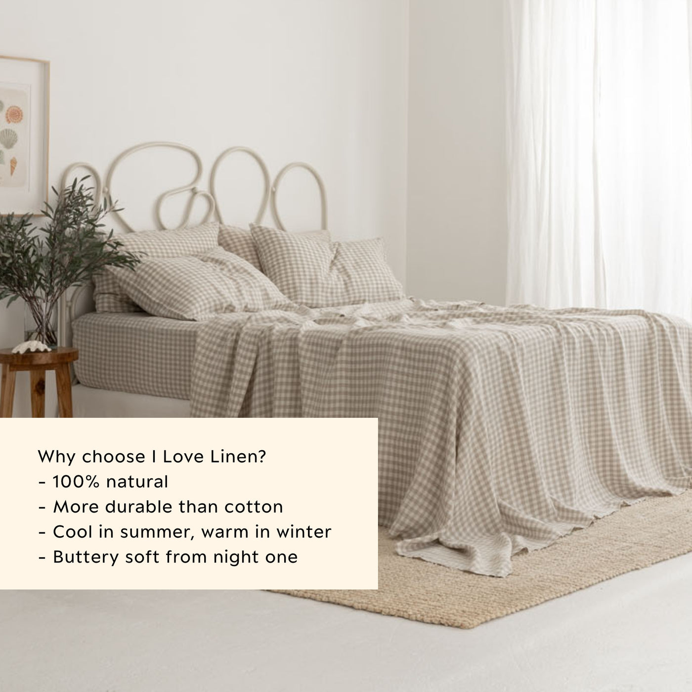 French Flax Linen Sheet Set in Beige Gingham