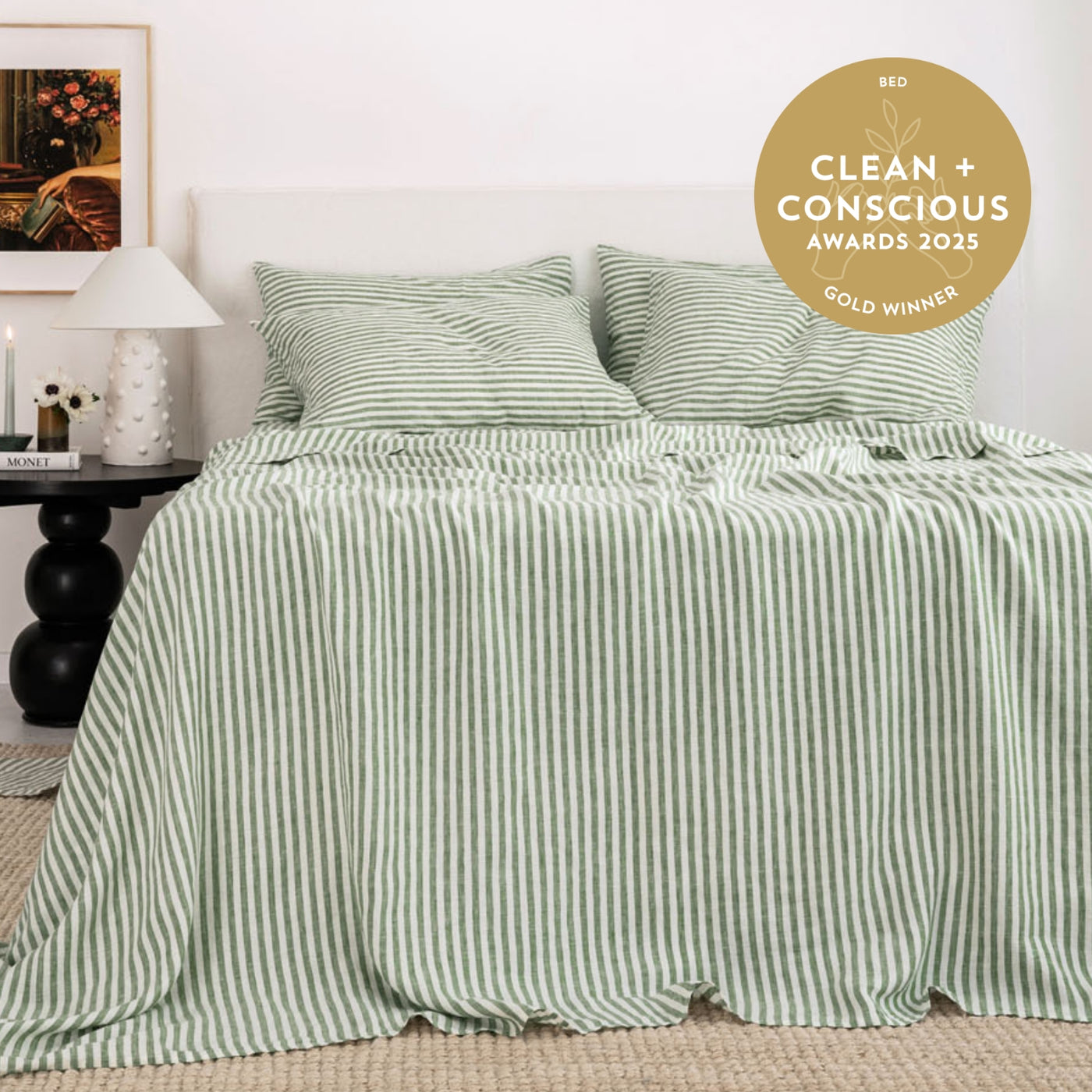 French Flax Linen Sheet Set in Ivy Stripe