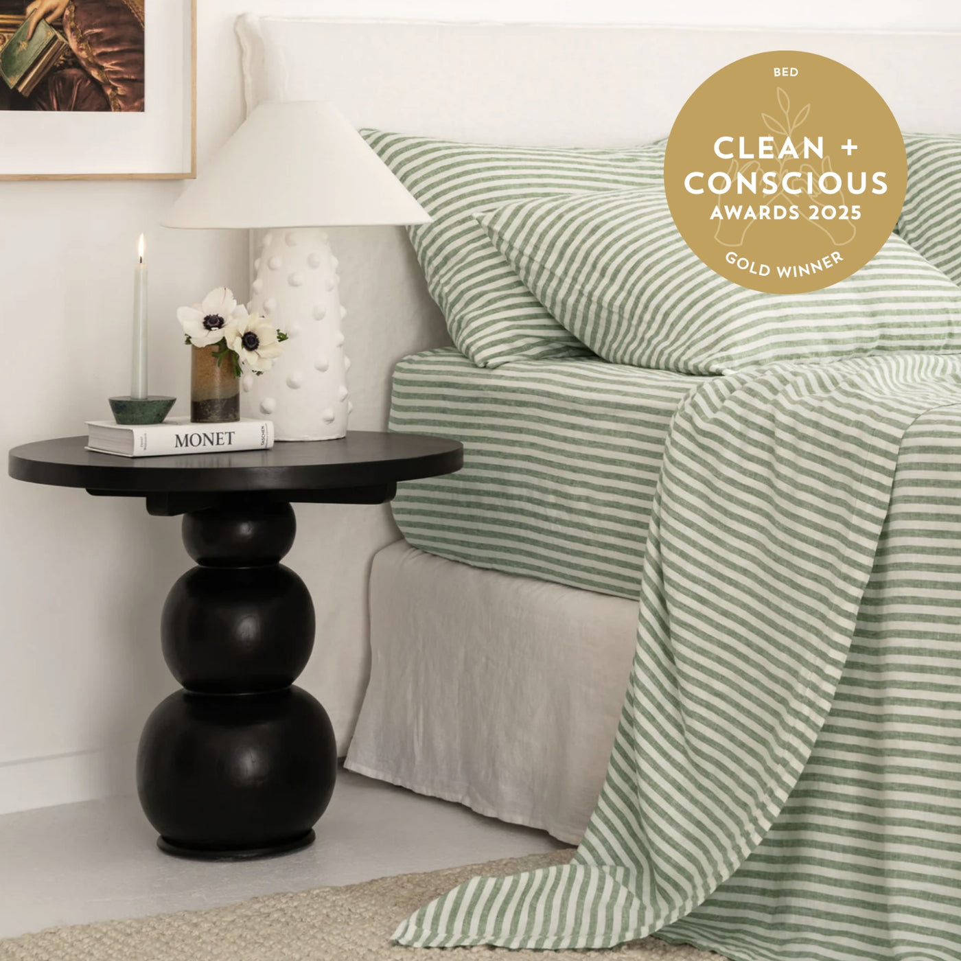 French Flax Linen Fitted Sheet in Ivy Stripe