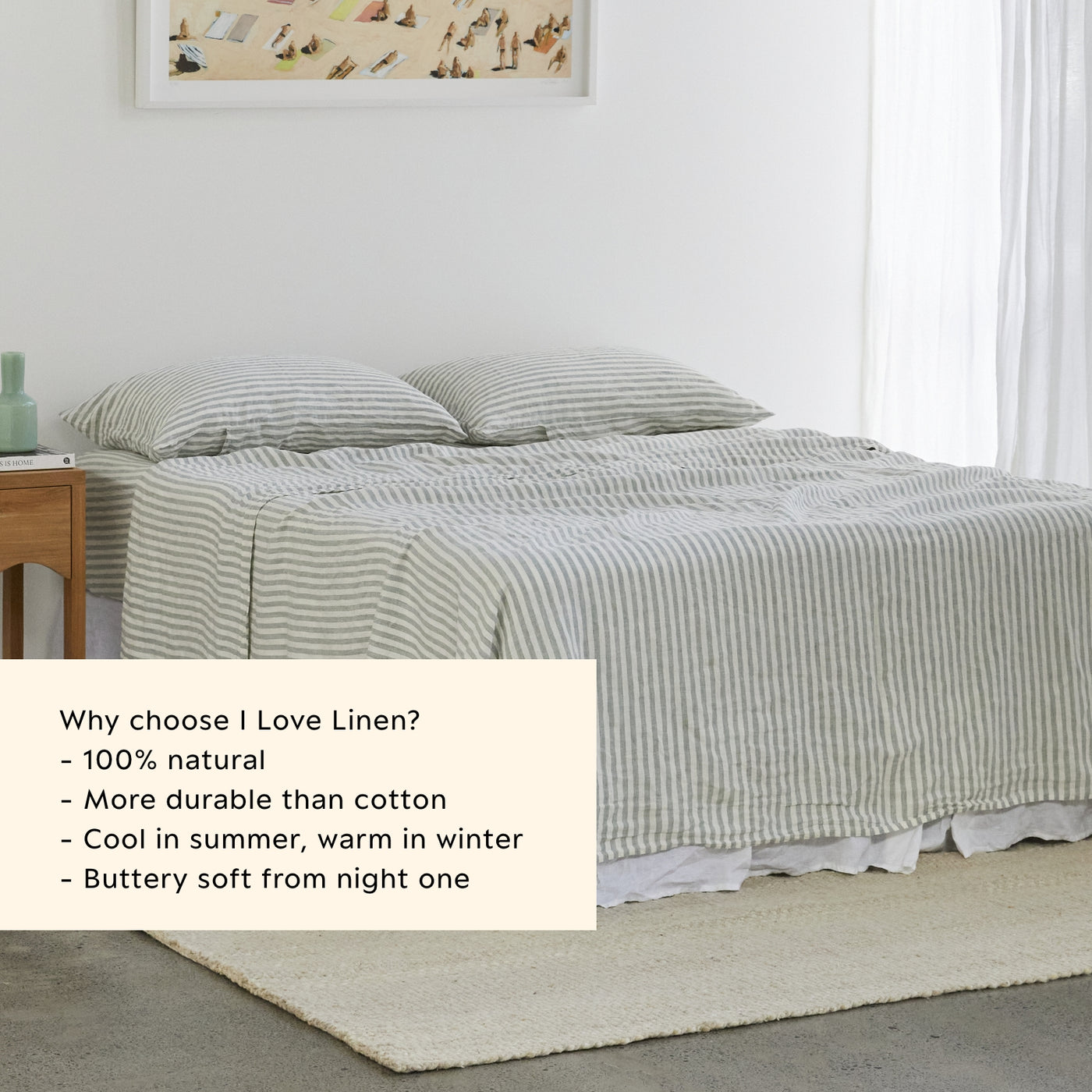 French Flax Linen Sheet Set in Sage Stripe