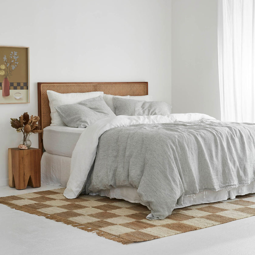French Flax Linen Double Sided Quilt Cover Set in White/Pinstripe