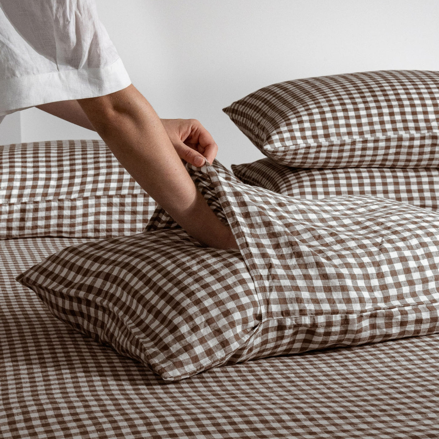 French Flax Linen Pillowcase Set in Chocolate Gingham