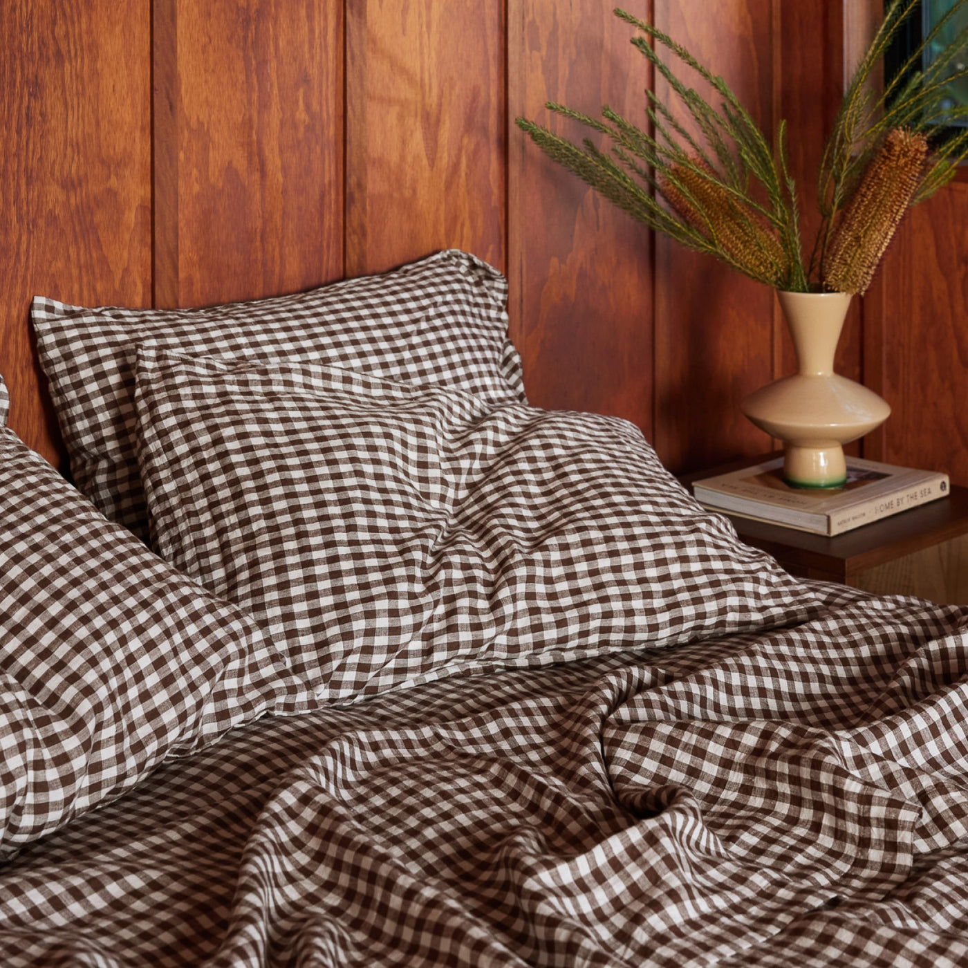 French Flax Linen Pillowcase Set in Chocolate Gingham