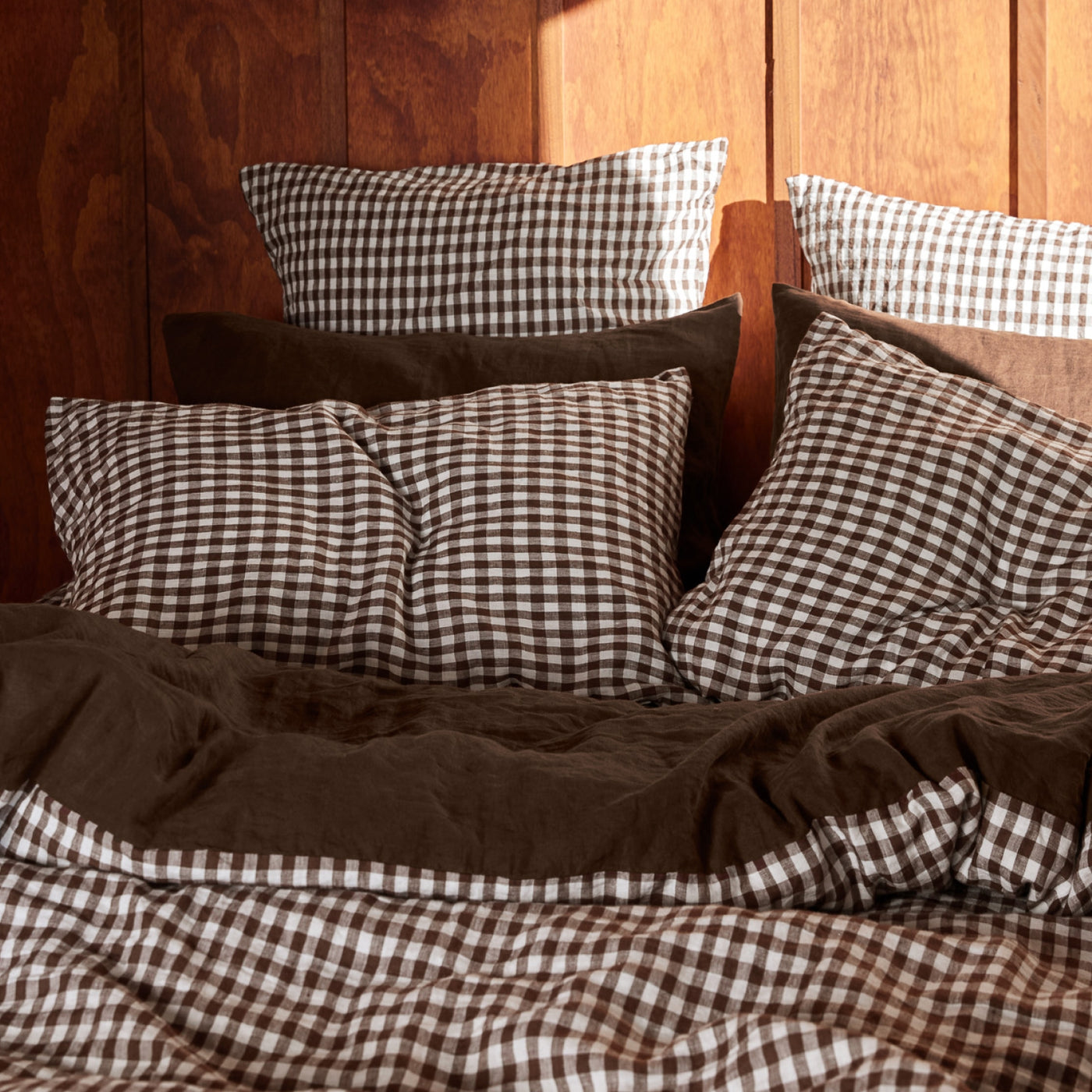 French Flax Linen Pillowcase Set in Chocolate Gingham