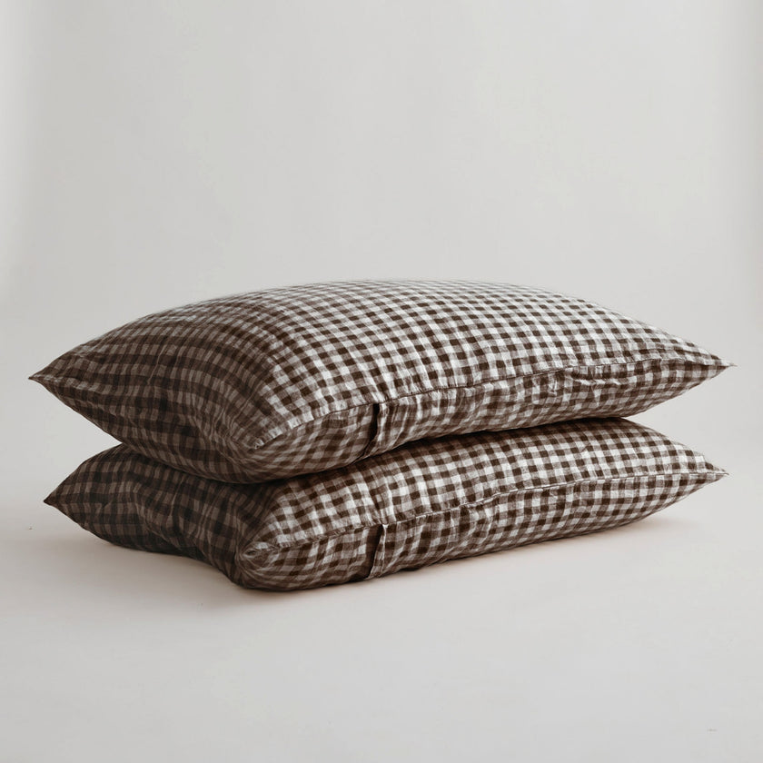 French Flax Linen Pillowcase Set in Chocolate Gingham