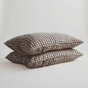 French Flax Linen Pillowcase Set in Chocolate Gingham