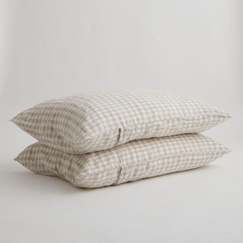 French Flax Linen Pillowcase Set in Beige Gingham