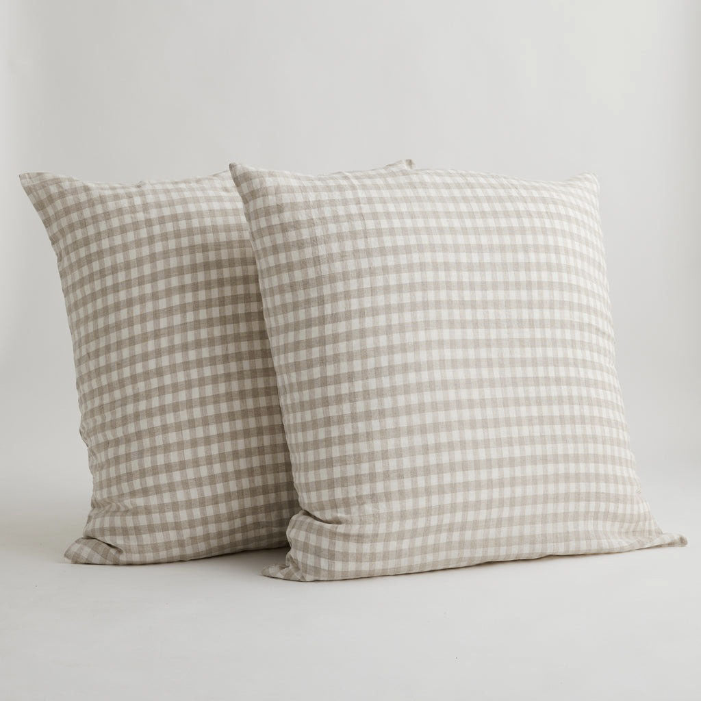 French Flax Linen Pillowcase Set in Beige Gingham