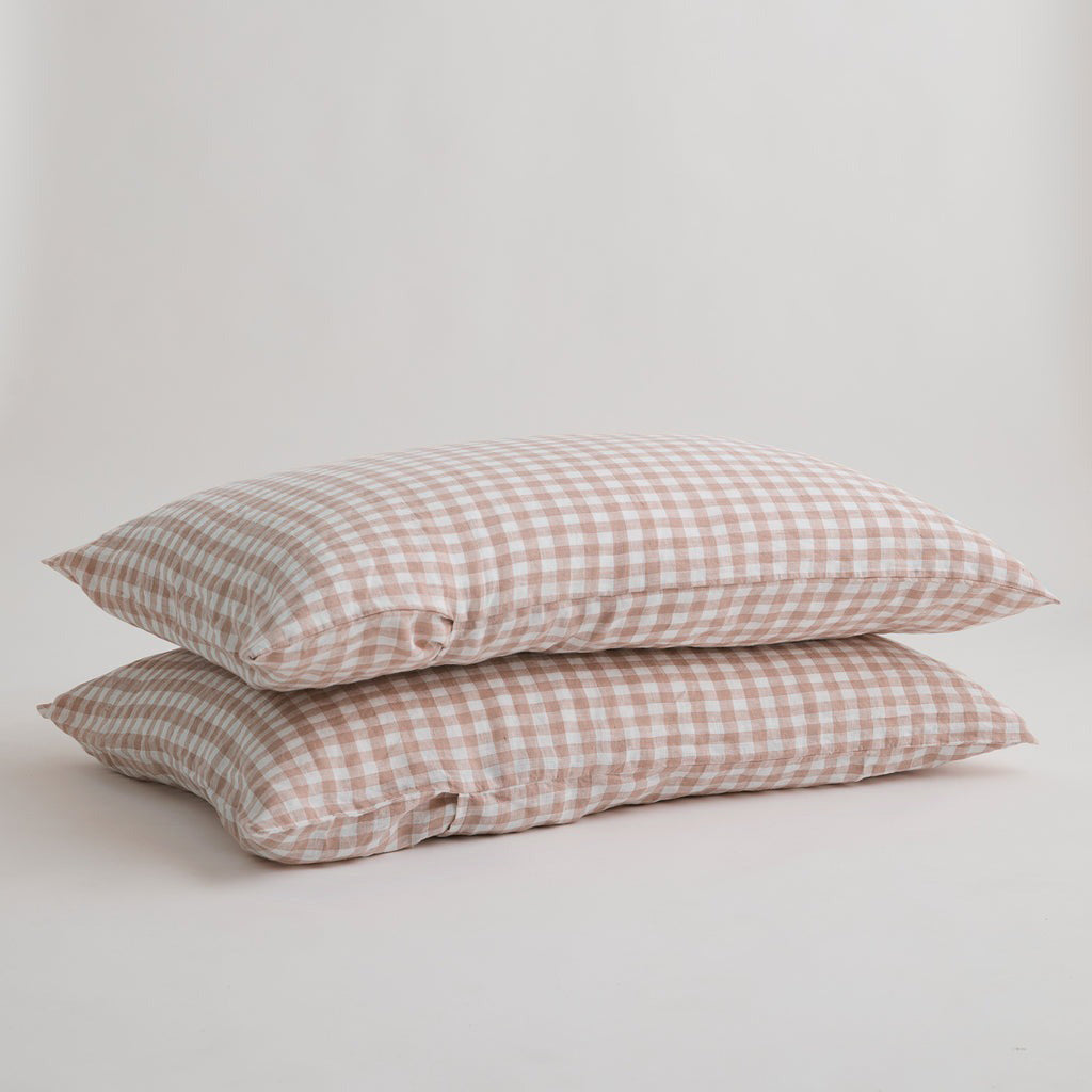 French Flax Linen Pillowcase Set in Clay Gingham