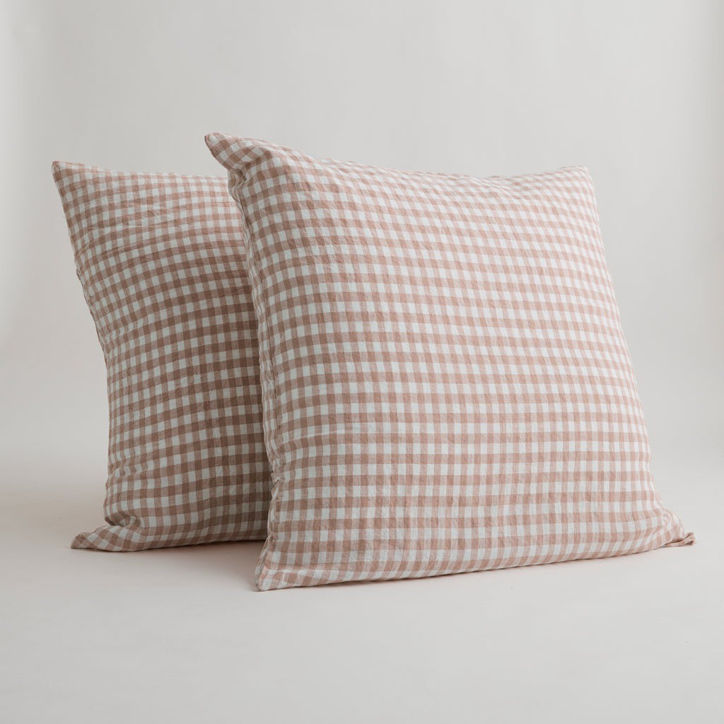French Flax Linen Pillowcase Set in Clay Gingham