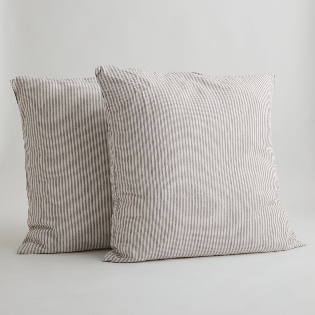 French Flax Linen Pillowcase Set in Grey Stripe