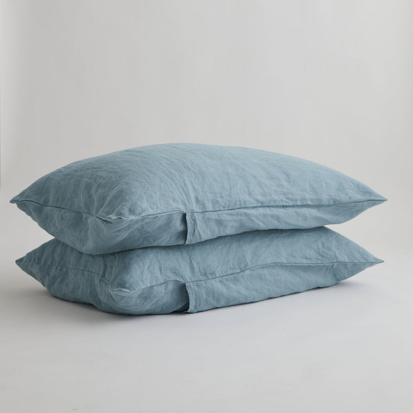 French Flax Linen Pillowcase Set in Marine Blue