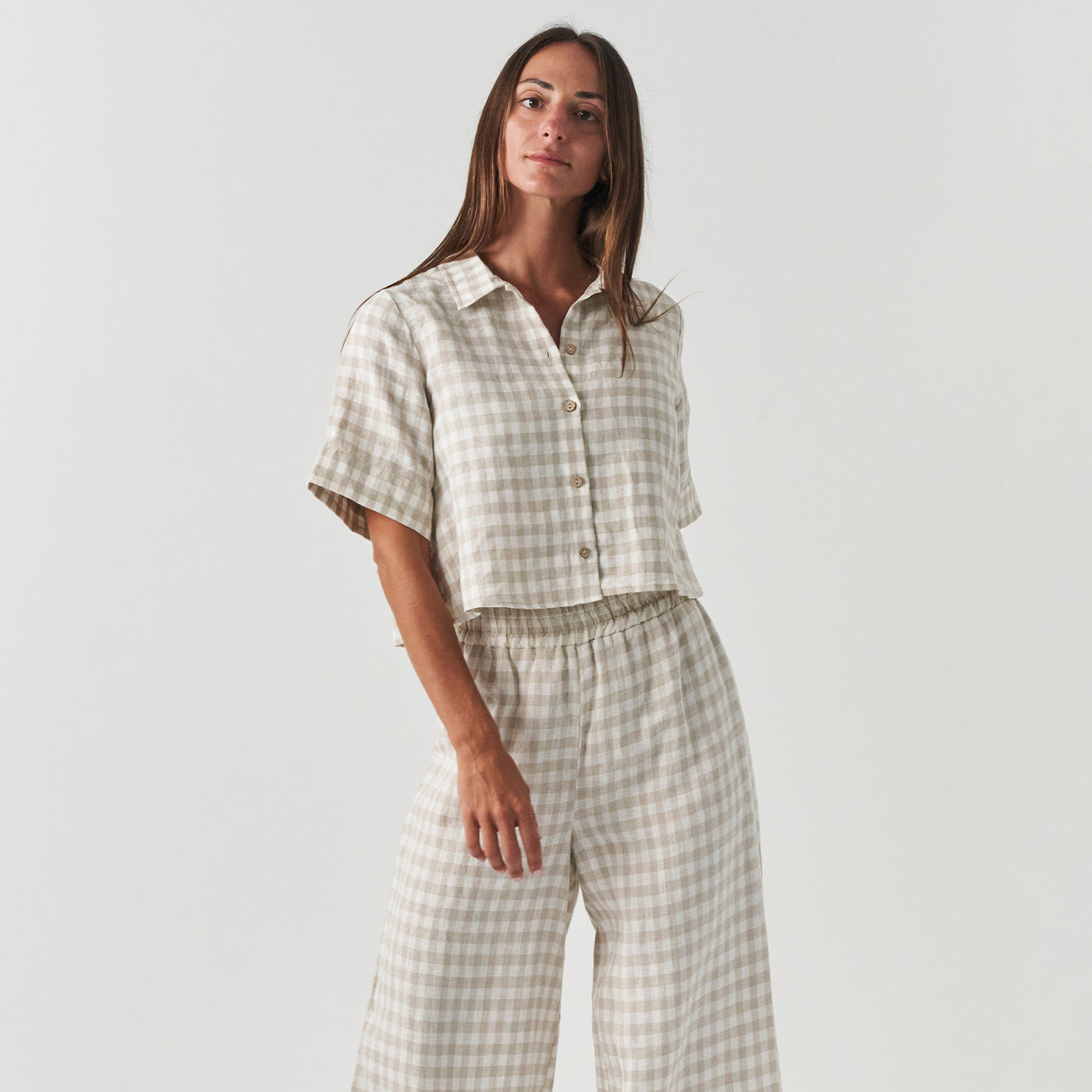 French Flax Linen Poppy Lounge Set in Beige Gingham