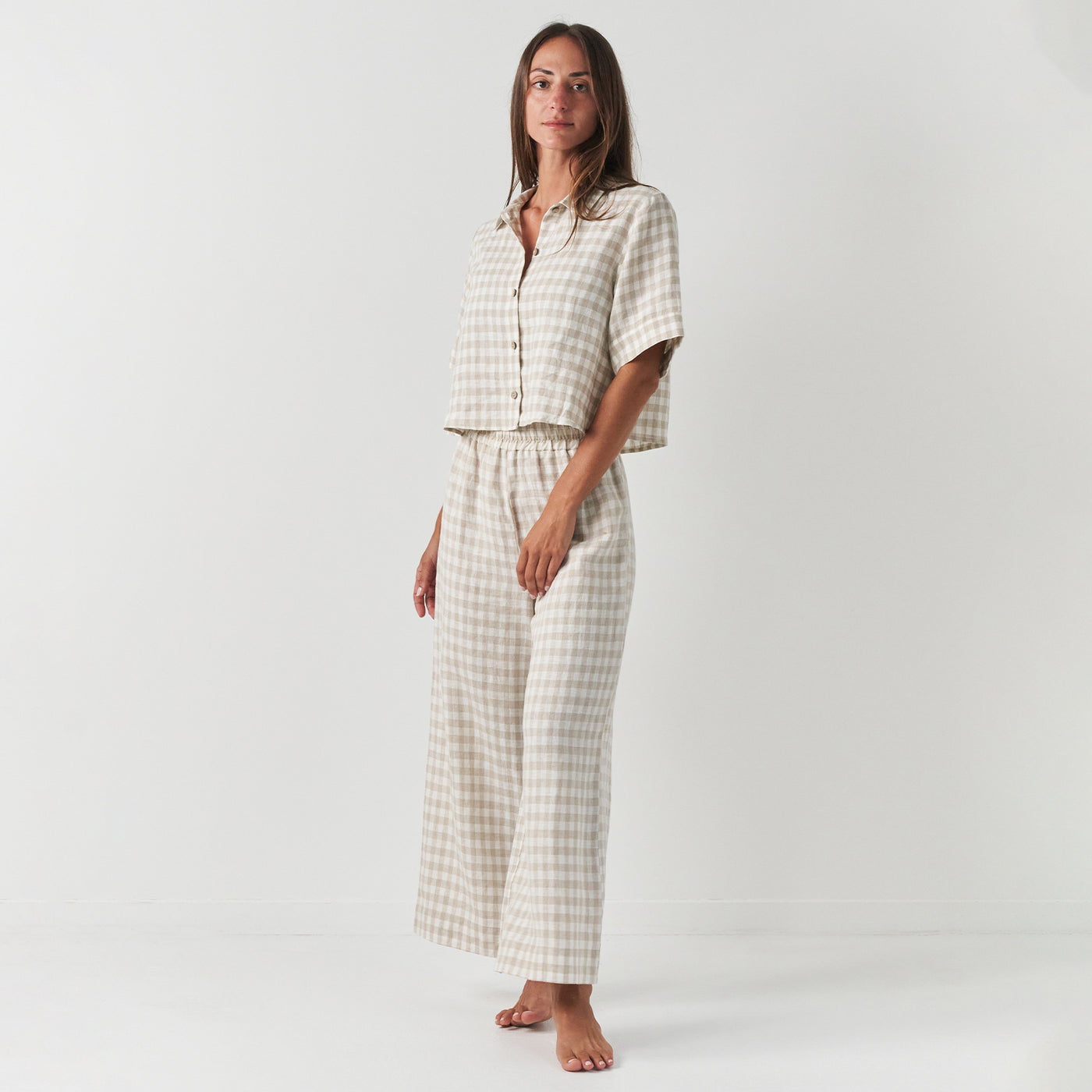 French Flax Linen Poppy Lounge Set in Beige Gingham