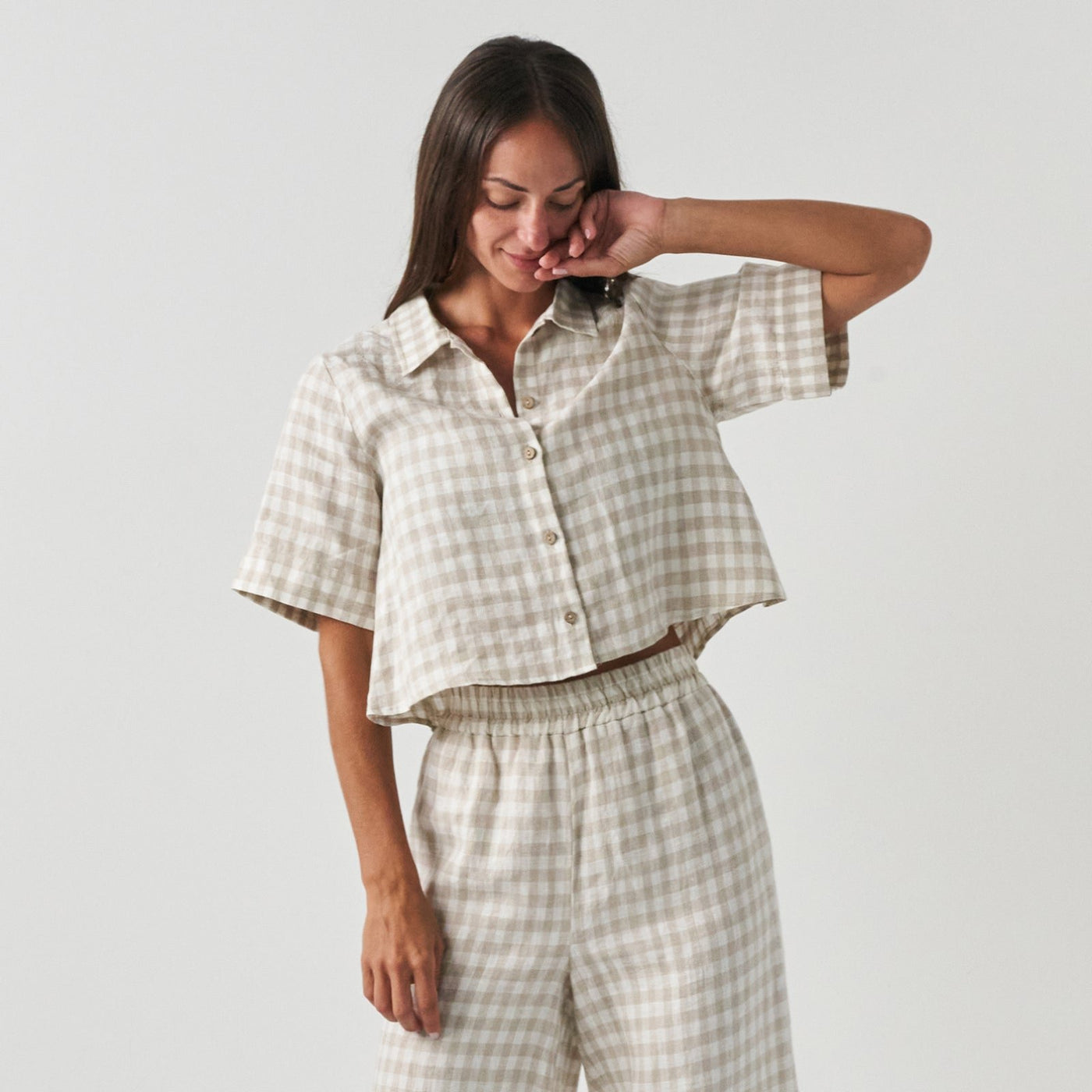 French Flax Linen Poppy Lounge Set in Beige Gingham