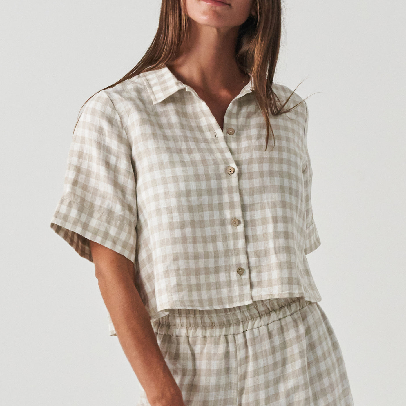 French Flax Linen Poppy Shirt in Beige Gingham