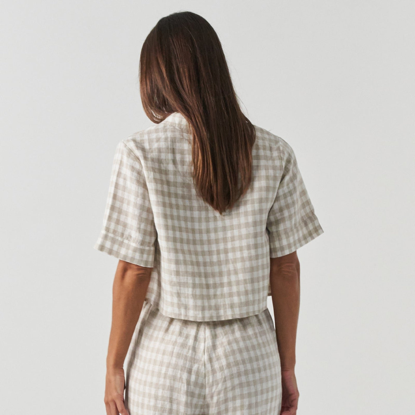 French Flax Linen Poppy Shirt in Beige Gingham