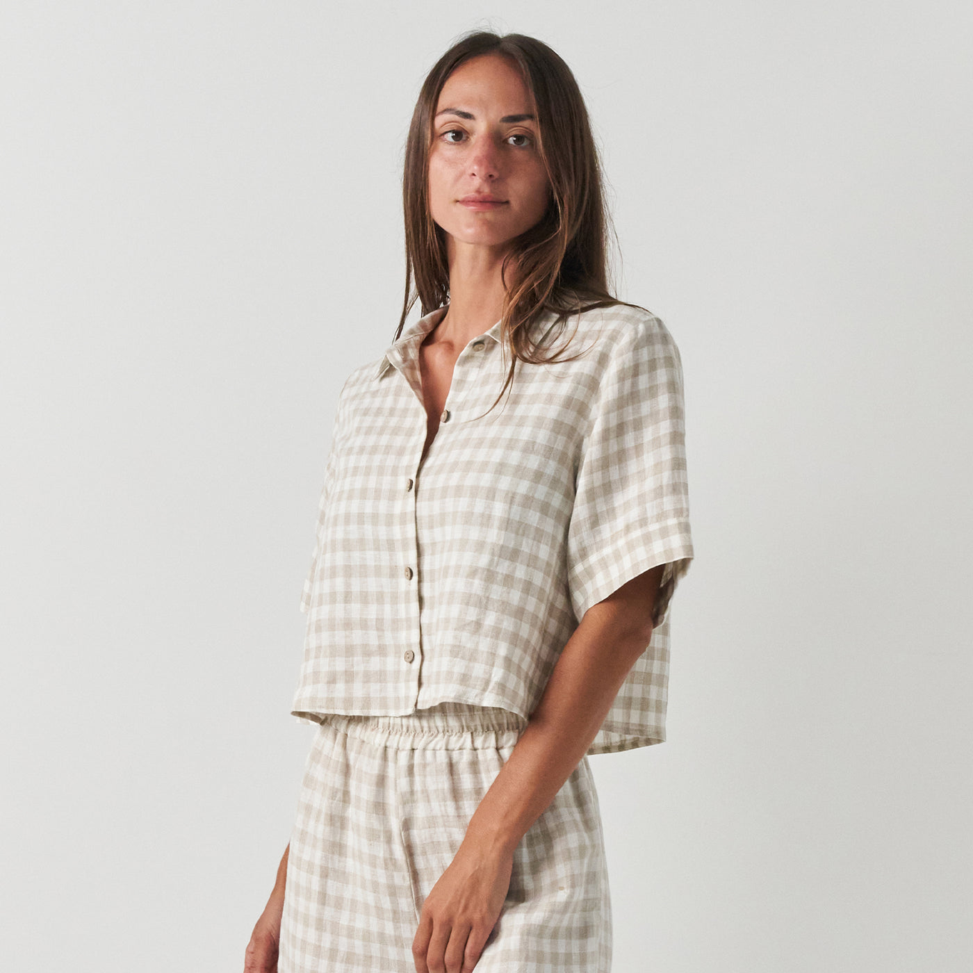 French Flax Linen Poppy Shirt in Beige Gingham