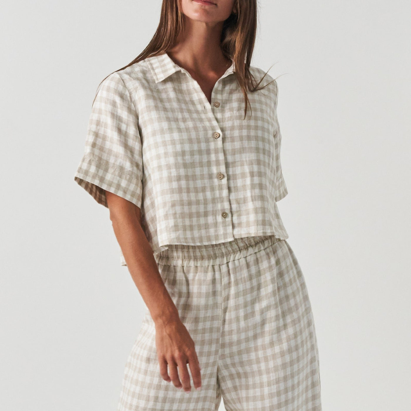 French Flax Linen Poppy Shirt in Beige Gingham