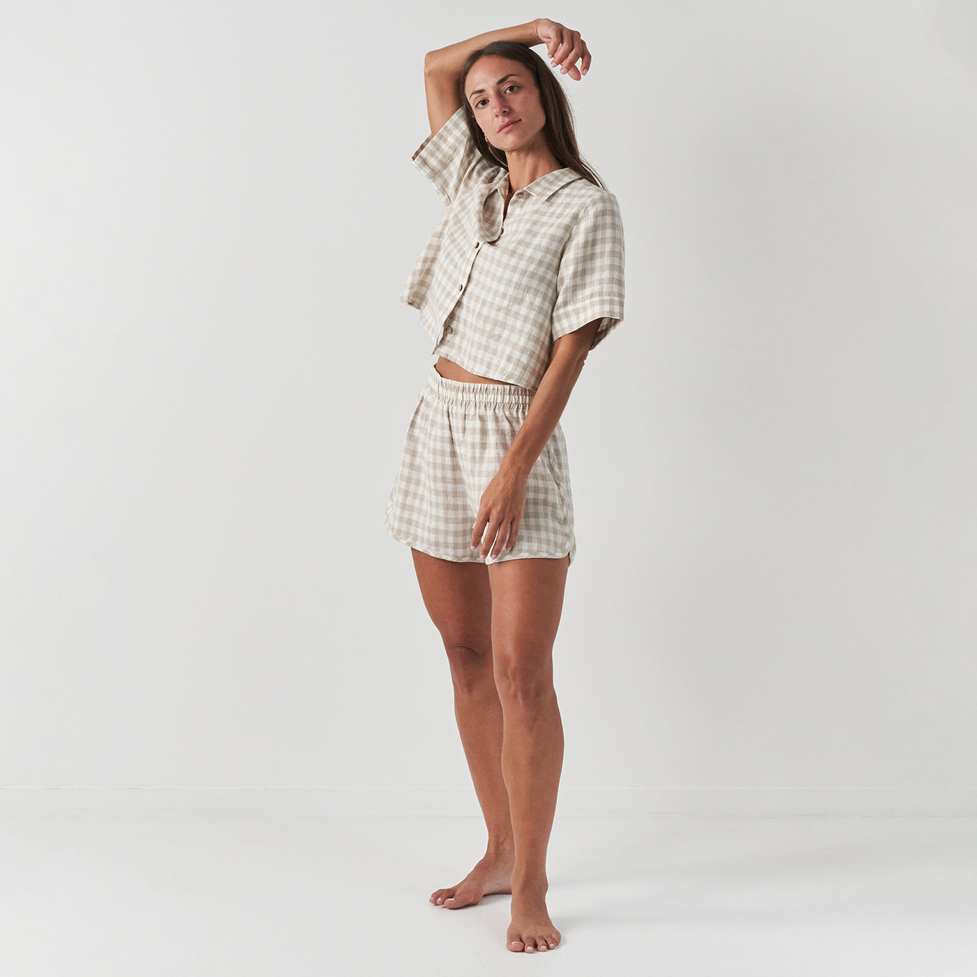 French Flax Linen Poppy Shirt in Beige Gingham