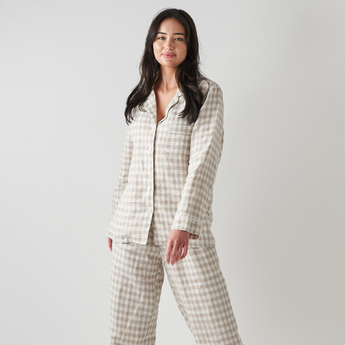 French Flax Linen Pyjama Set in Beige Gingham